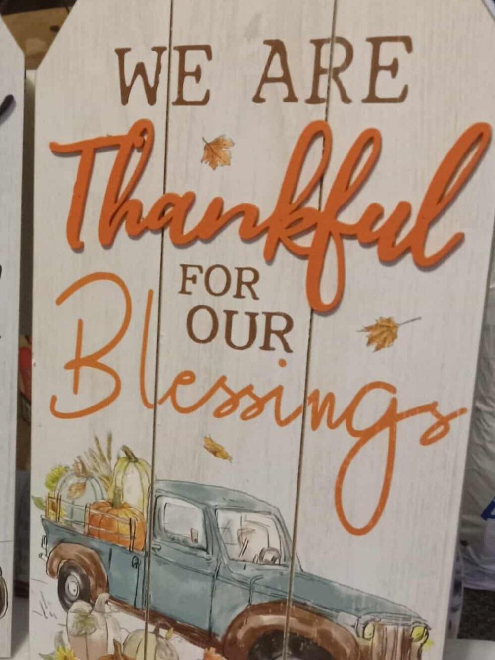 Wood plaque, 8" X 15.75", rope hanger 4.5", pickup/pumpkins, Thankful/blessings